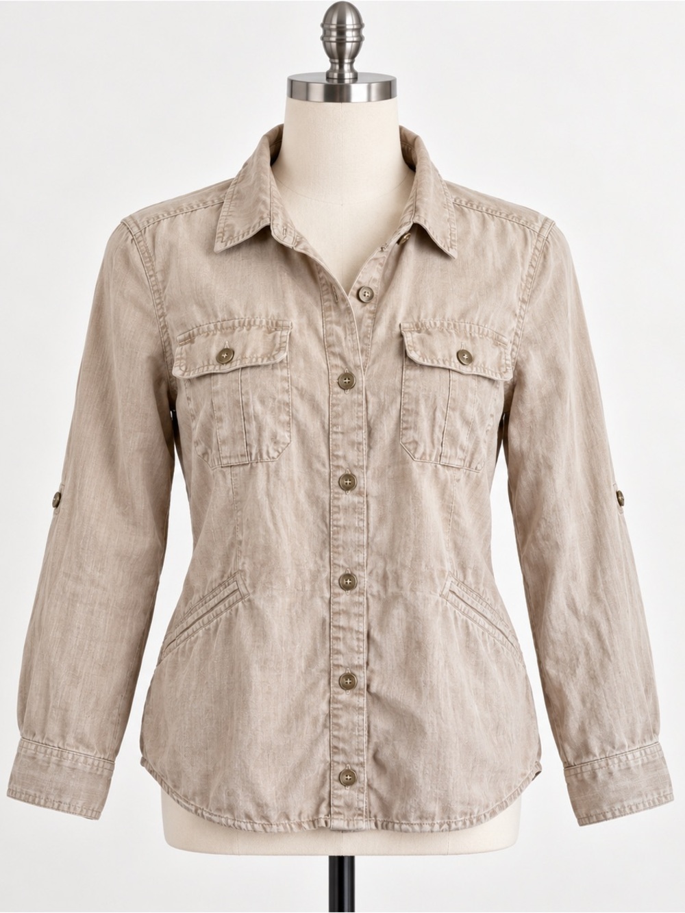 Level 99 tan linen button down collar shacket shirt top jacket M